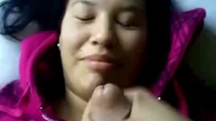 Chubby sweet Asian babe getting a massive facial in closeup